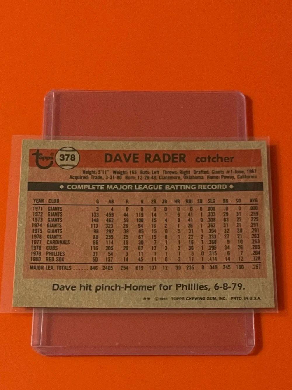 Dave Rader #378 1981 Topps Baseball Trading Card